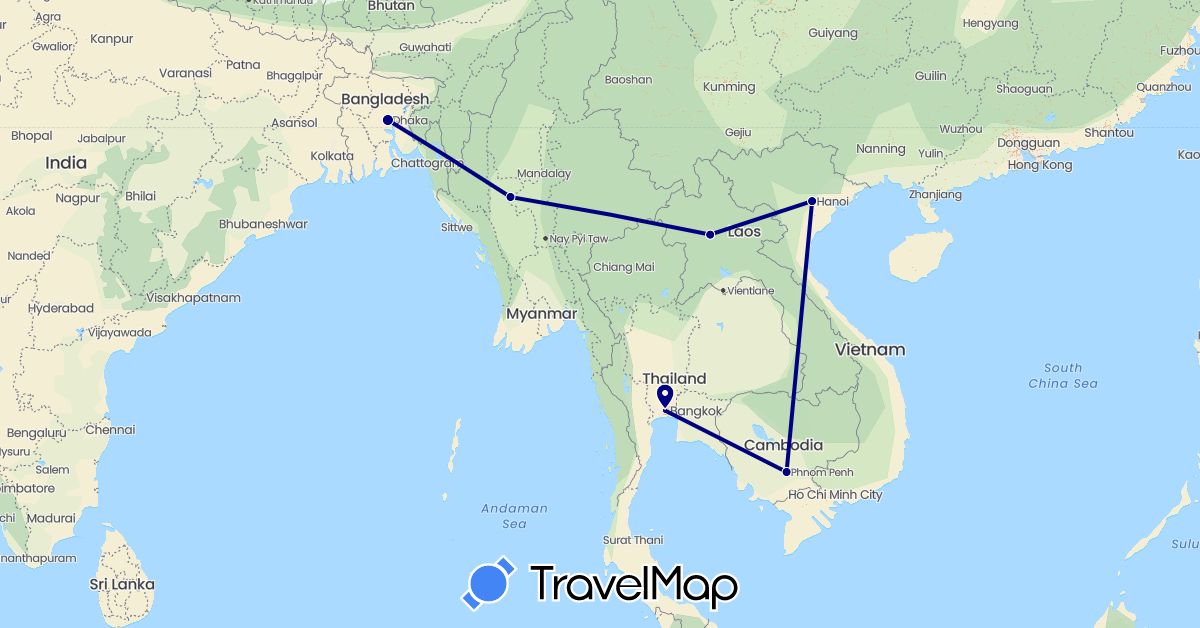 TravelMap itinerary: driving in Bangladesh, Cambodia, Laos, Myanmar (Burma), Thailand, Vietnam (Asia)