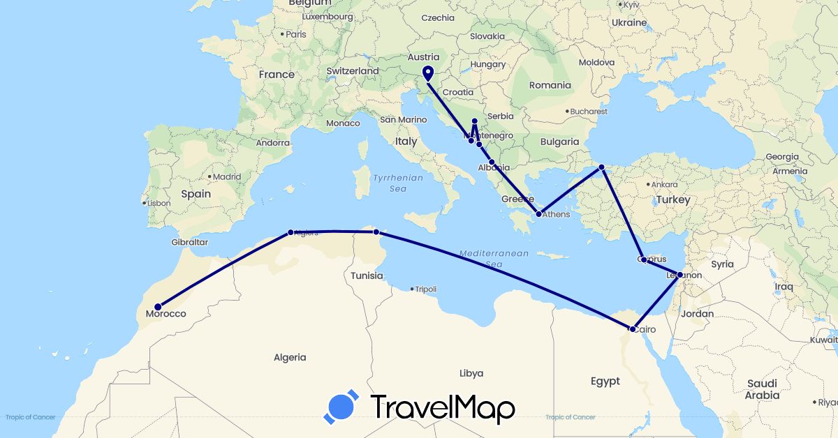 TravelMap itinerary: driving in Albania, Bosnia and Herzegovina, Cyprus, Algeria, Egypt, Greece, Croatia, Lebanon, Morocco, Montenegro, Slovenia, Tunisia, Turkey (Africa, Asia, Europe)