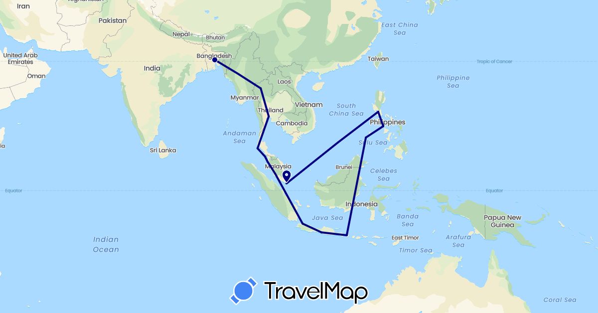 TravelMap itinerary: driving in Bangladesh, Indonesia, Malaysia, Philippines, Singapore, Thailand (Asia)