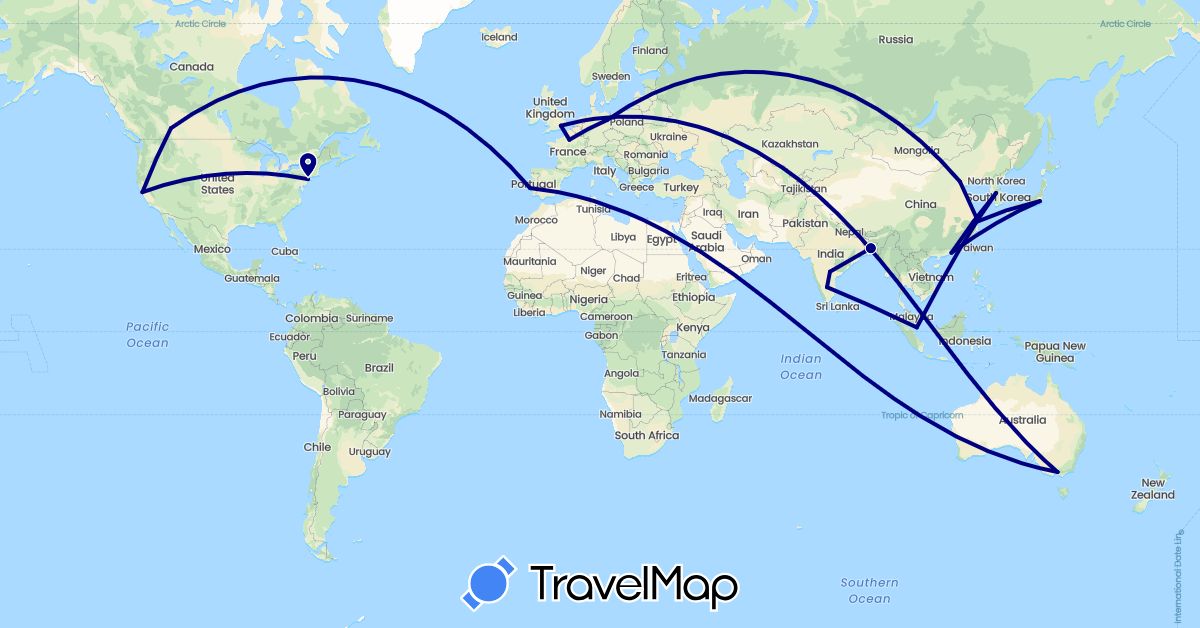 TravelMap itinerary: driving in Australia, Bangladesh, Canada, China, Germany, France, United Kingdom, India, Japan, South Korea, Portugal, Singapore, United States (Asia, Europe, North America, Oceania)