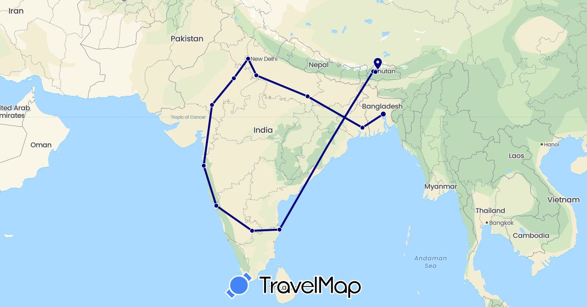TravelMap itinerary: driving in Bangladesh, Bhutan, India (Asia)