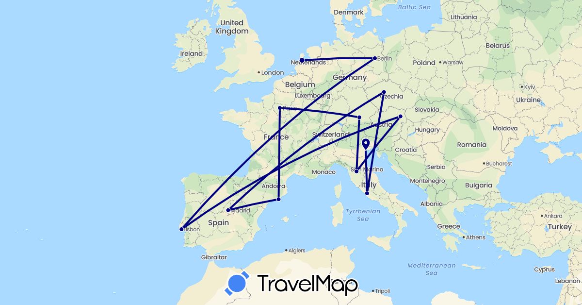 TravelMap itinerary: driving in Austria, Czech Republic, Germany, Spain, France, Italy, Netherlands, Portugal (Europe)
