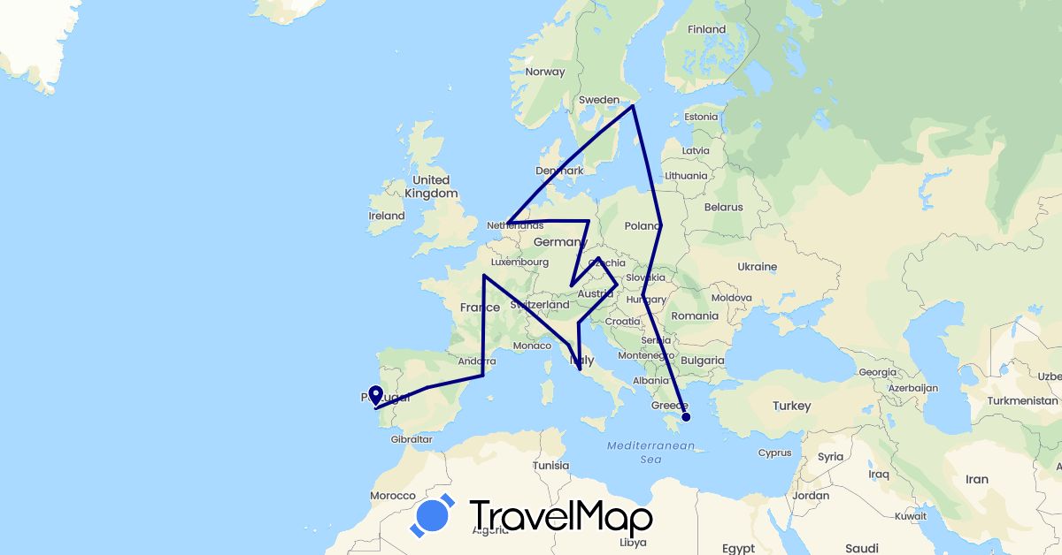 TravelMap itinerary: driving in Austria, Czech Republic, Germany, Spain, France, Greece, Hungary, Italy, Netherlands, Poland, Portugal, Sweden (Europe)